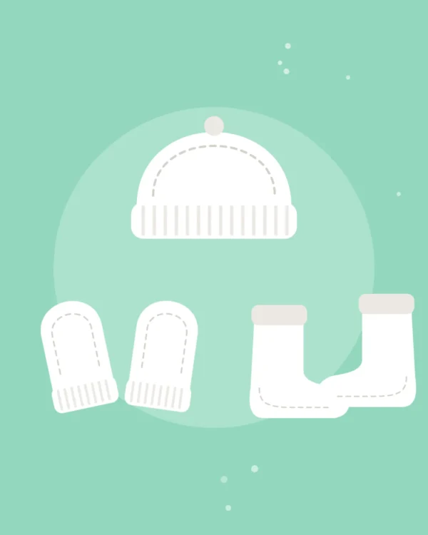 Close-up illustration of the Newborn Cap, Mittens & Booties Set, product photo coming soon